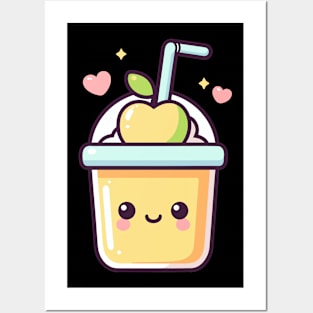 Cute Kawaii Apple Milkshake with Hearts | Kawaii Food Character | Cutesy Kawaii Style Posters and Art